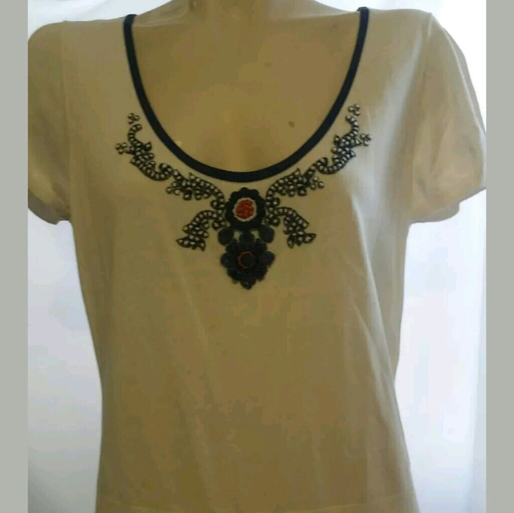 Escada White Shirt Top With Blue Floral Design